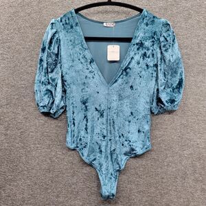 Free People Bodysuit Women's XS Deep Teal Don't You Wish Velvet Puff Sleeve NWT